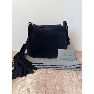 All Saints Suede Black Crossbody Bag with Fringe